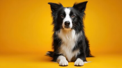 Fully visible Border Collie posed against a vivid yellow studio background