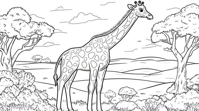 Black and white giraffe in African savanna landscape, coloring book image, educational