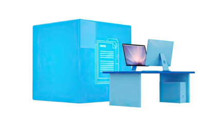 Blue 3D render of a desk with computers and a large file storage cube
