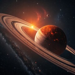 Majestic ringed planet radiating warm orange light in the vast expanse of deep space