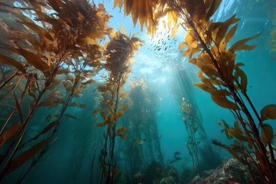 Dense canopy of Macrocystis pyrifera over a rocky seabed, a thriving kelp forest habitat