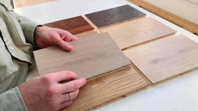 A variety of shades of wood floor material. Designer hands choosing wood flooring samples for interior renovation. Architect selecting laminate and hardwood textures for modern space. 