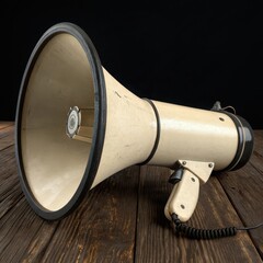 Retro megaphone device amplifying sound vintage equipment close-up on wooden surface