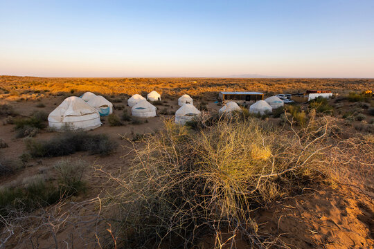 Nurata, Uzbekistan - 14 August 2025: yurta tent camp in the desert
