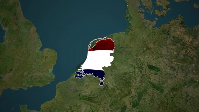 A satellite view of the netherlands overlaid with the dutch flag