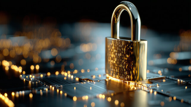 Padlock on a microchip with binary code symbolizing cybersecurity encryption and protected digital access.
- Powered by Adobe