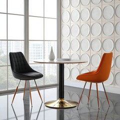 Modern dining scene round table two chairs contemporary design natural light chic ambiance