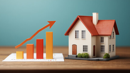House model beside a rising bar chart symbolizing real estate investment property value growth and housing market trends.
