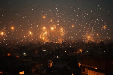 Fireworks burst above city skyline illuminating the night during diwali celebration