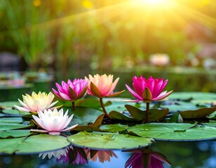 Several vibrant water lilies float on a serene pond