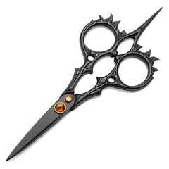 Ornate black barber scissors with intricate design and sharp blades isolated on white