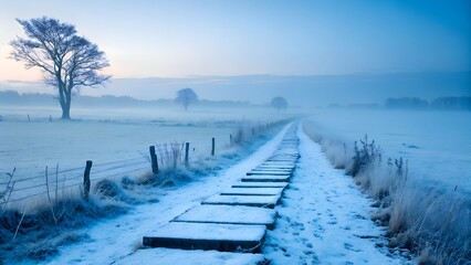 Ethereal Blue Winter Landscape: Frosty Path with Stepping Stones and Misty Horizon