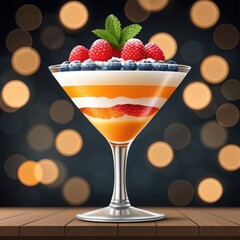 Delightful berry fruit trifle dessert in a martini glass with bokeh lights background