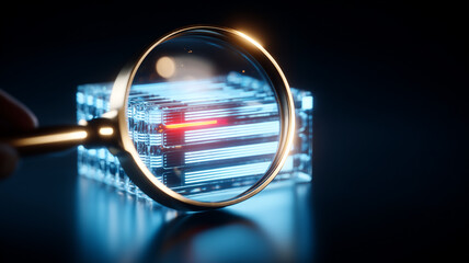 Magnifying glass inspecting digital storage module with alert indicator symbolizing cybersecurity audit data integrity and system diagnostics.
