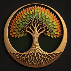 Intricate tree of life artwork detailed branches roots and vibrant leaves in circular frame