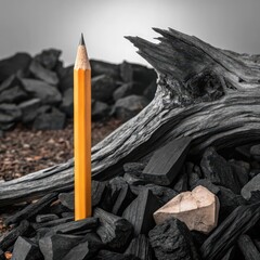 Artist's pencil stands tall amidst rough charcoal pieces and wood fragments