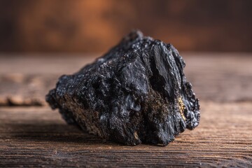 Fototapeta premium Close-up of dark shilajit resin on wooden surface highlighting natural health supplement