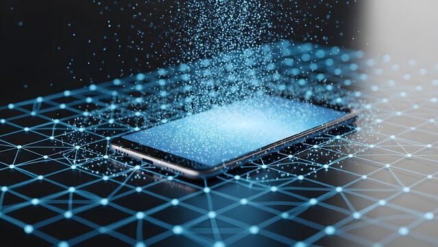 Mobile phone screen with falling digital particles. Cloud computing and data storage security. Smartphone resting on a surface while receiving a shower of glowing data