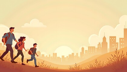 Familienausflug in die Stadt bei Sonnenuntergang
