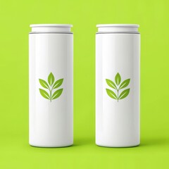 Two identical tall white cylindrical containers with green leaf logo stand ready for product packaging mockup
