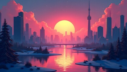 Futuristische Stadt bei Sonnenuntergang am Wasser
