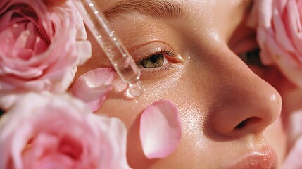 Stock photo of Applying skincare serum on face, surrounded by pink rose petals, concept of Lifestyle x Valentine's Day, soft pink pastel tones, romantic atmosphere, style of Authen