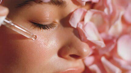 Stock photo of Applying skincare serum on face, surrounded by pink rose petals, concept of Lifestyle x Valentine's Day, soft pink pastel tones, romantic atmosphere, style of Authen