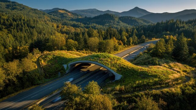 Aerial view of a vegetation-covered wildlife overpass spanning a multi-lane highway through a forest
