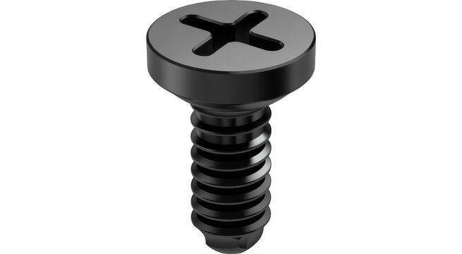 Black screw with cross-shaped slot metal screw hardware isolated on a transparent background