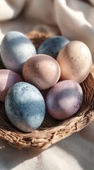 Stock photo of Spa massage therapy relaxing scene, basket of pastel painted eggs, concept of Lifestyle x Easter / Spring, fresh pastel colors, soft morning sunlight, style of Authe