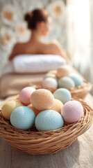Stock photo of Spa massage therapy relaxing scene, basket of pastel painted eggs, concept of Lifestyle x Easter / Spring, fresh pastel colors, soft morning sunlight, style of Authe
