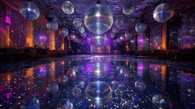 Glittering disco ball event with reflections and colorful lighting.