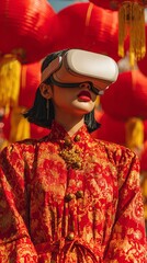 Stock photo of A young woman using VR headset, gold ingot decorations, concept of Tech x Chinese New Year, vibrant red color palette, luxurious gold accents, style of Sustainable L