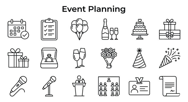 Event planning line editable icon set. Party, wedding, celebration, conference, checklist, decoration. Outline icon collection, editable stroke, vector illustration