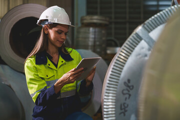 A woman worker wearing a yellow and blue safety vest is holding a tablet in a factory