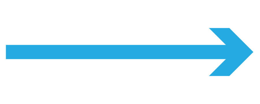 Blue arrow pointing right.  Vector illustration on white background . Long arrow vector icon. Straight long arrow icon, right thin line, blue cursor element use for graphic design .