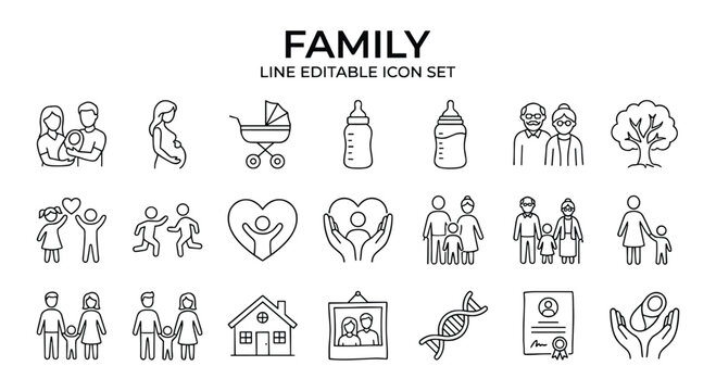 Family line editable icon set. Parents, children, baby, pregnancy, elderly, home, love, care. Outline icon collection, editable stroke, vector illustration