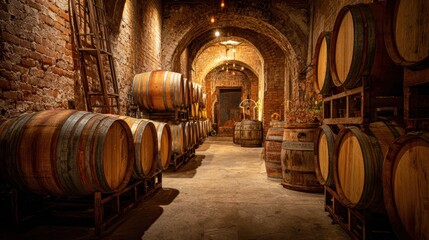 Naklejka premium Historic winery storage featuring wooden casks lined along brick arches