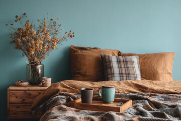 Cozy bedroom scene with dried flowers and coffee mugs on a wooden tray