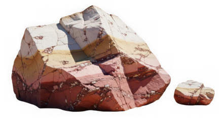 Large red and white rock formation with smaller fragment isolated on transparent background