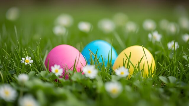 Easter eggs in spring grass symbolizing summer vacation travel