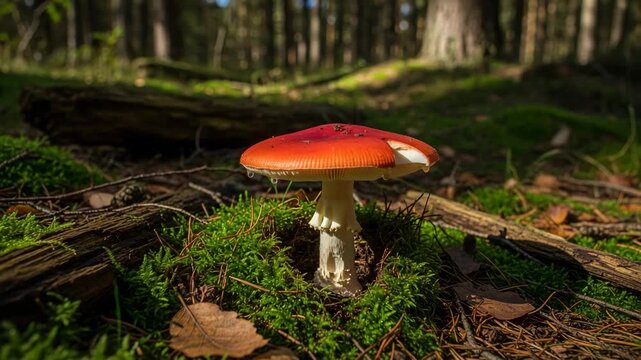 Red toadstool in forest. Amanita muscaria mushroom in moss with wood and pine needles in natural habitat video footage.
