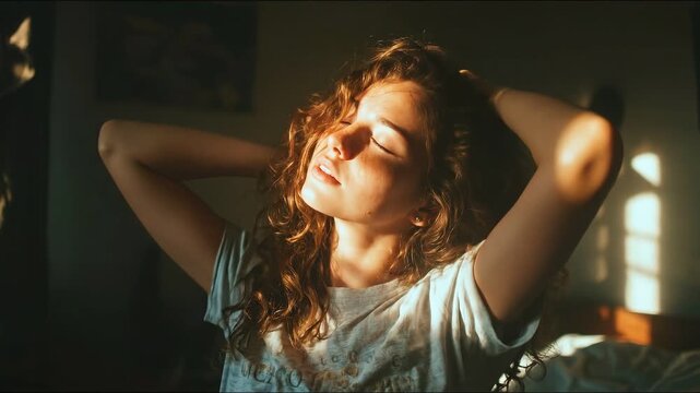 Sun-Kissed Bliss: A woman basks in the gentle warmth of sunlight, eyes closed, hands interlaced behind her head, emanating serenity.