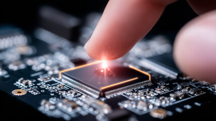 Finger activating a microchip symbolizing human interface innovation and advanced computing power.
