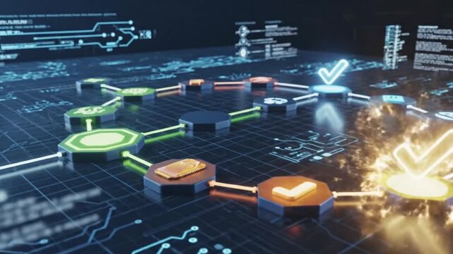 Digital workflow animation with balanced transitions