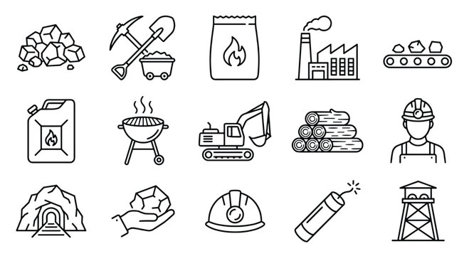 Coal mining line editable icon set, industry equipment worker safety energy production. Outline vector illustration collection