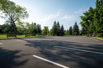 Fototapeta premium Empty parking lot in a tranquil park beneath a bright blue sky