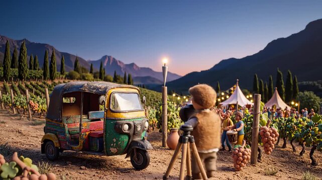 Toy Grapher Preparing to Shoot Wedding With Auto Rickshaw in Vineyard