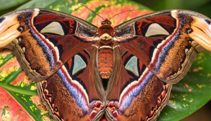Atlas Moth With Intricate Wing Patterns In Earthy Tones And Blue Accents Perched On Green Foliage In Natural Light