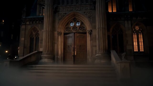 Dark gothic cathedral cinematic night scene with opening doors and mysterious fog atmosphere